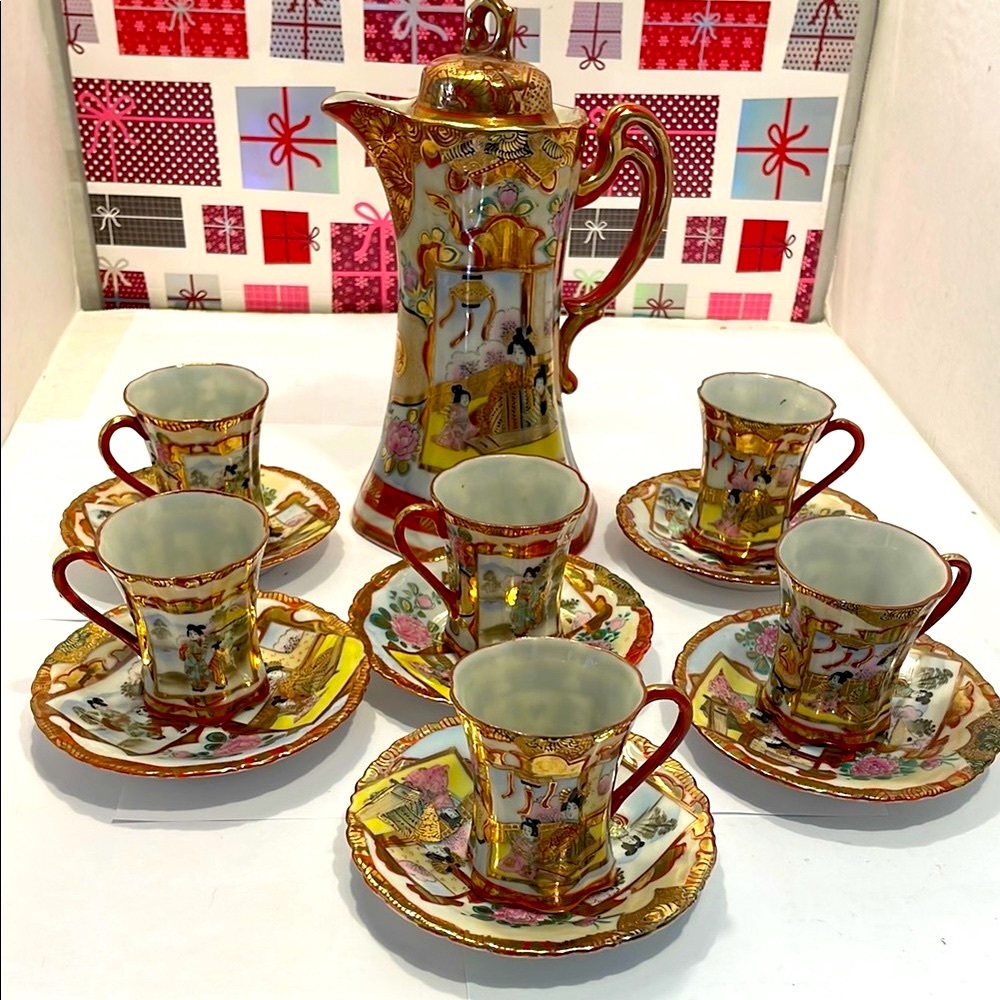 Vintage Japanese Kutani  Nippon Porcelain Tea/ Chocolate Set with Gold Accents